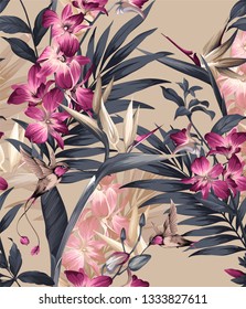 tropical seamless floral pattern. seamless pattern with orchids and colibri