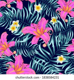 Tropical seamless floral pattern. Pattern with palm leaves. Seamless patterns with orchids and plumeria. For printing on textiles