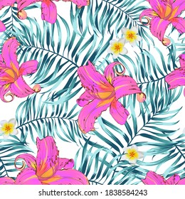 Patrón floral sin fisuras tropical. Patrón con hojas de palma. Modalidades sin foco con orquídeas y plumeria. Para imprimir sobre textiles