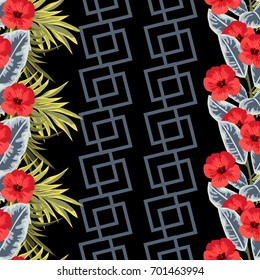Tropical seamless floral pattern with red hibiscuses. Hand-drawn floral background for printing on fabric, clothing, home textiles, wallpaper, gift wrapping.