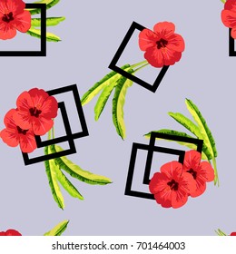 Tropical seamless floral pattern with red hibiscuses. Hand-drawn floral background for printing on fabric, clothing, home textiles, wallpaper, gift wrapping.