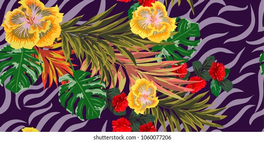 Tropical seamless floral pattern with roses, hibiscus and zebra print. Horizontal floral background for printing on fabric, clothing, home textiles, wallpaper, gift wrapping.