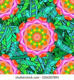 Tropical seamless floral pattern. Vector illustration. Flowers on green, orange, blue, pink and black colors.