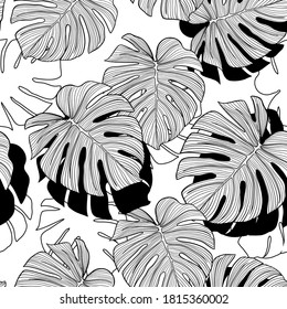 Tropical seamless foliage pattern, Philodendron gloriosum leaves line art ink drawing in blue and white