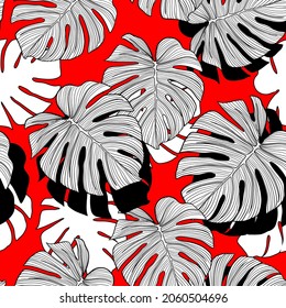 Tropical seamless foliage pattern, red, black and white split-leaf Philodendron plant with vines on white background, pastel vintage theme