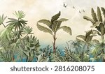 Tropical Seamless Garden Wall Mural, Seamless Wallpaper, Forest Background.Handpainted Wallpaper Design, Wall Mural, Mughal Garden Illustration.

