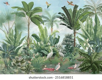 Mural de pared de jardín tropical sin fisuras, Fondo de pantalla sin fisuras, fondo del bosque.