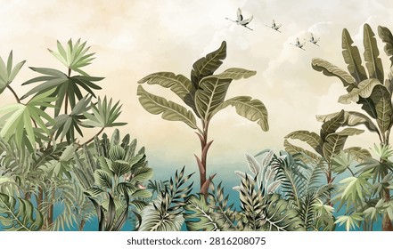 Tropical Seamless Garden Wall Mural, Seamless Wallpaper, Forest Background.Handpainted Wallpaper Design, Wall Mural, Mughal Garden Illustration.

