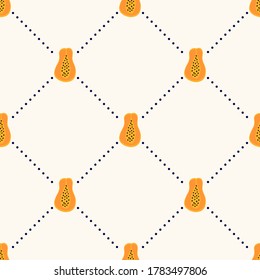 Tropical seamless geometric pattern with papaya fruits and small circles. Background with orange . Exotic fruit backdrop for textile, digital paper, fabric, prints, decoration