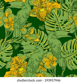 Tropical seamless green background with exotic flowers and Toucan 