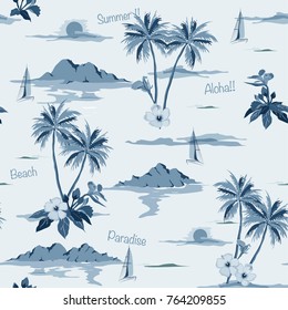 Tropical Seamless Island Pattern Monotone In Blue Background. Landscape With Palm Trees,beach And Ocean Vector Hand Drawn Style.