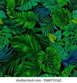 Tropical seamless leafy pattern on black background. Midnight jungle design with beautiful leaves. Dark green palms glowing. Repeating tropical print for fashion, interior, stationery. 