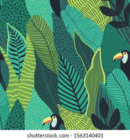 Tropical seamless leaves pattern with abstract texture. Vector illustration foliage with birds Toucan. Bright exotic background for wallpapers, wrapping paper or textile.