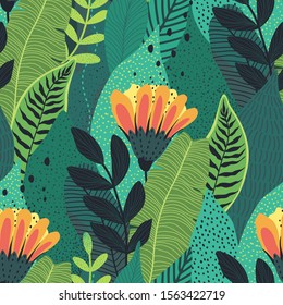 Tropical seamless leaves pattern with abstract texture and colorful flowers. Vector illustration foliage. Bright exotic background for wallpapers, wrapping paper or textile.