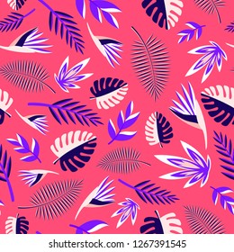 Tropical seamless leaves pattern. Colourful abstract tropics vector flat illustration.