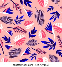 Tropical seamless leaves pattern. Colourful abstract tropics vector flat illustration.