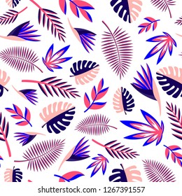 Tropical seamless leaves pattern. Colourful abstract tropics vector flat illustration.