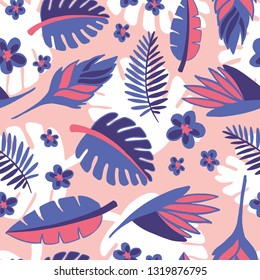 Tropical seamless leaves pattern. Colourful abstract tropics vector illustration.