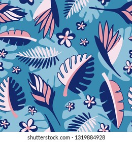 Tropical seamless leaves pattern. Colourful abstract tropics vector illustration.