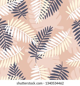 Tropical seamless leaves pattern. Colourful pastel tropics vector flat illustration.