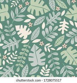 Tropical seamless leaves pattern. Jungle vector background illustration. Summer equatorial rainforest foliage. 