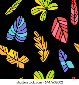 Tropical seamless leaves pattern on black background. Vector illustration with colorful abstract sketchy leaves shapes. For printed materials, tissue design, shirt prints. Bright summer pattern