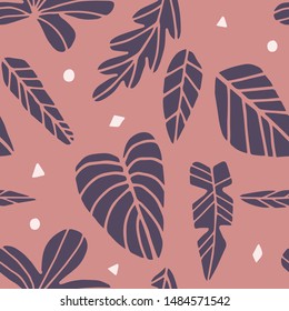 Tropical seamless leaves pattern , pink and purple pastel shapes. Vector illustration with abstract sketchy leaves shapes. For printed materials, tissue design, shirt prints. Summer pattern