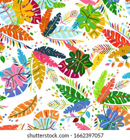 Tropical seamless leaves pattern. Vector illustration. Summer equatorial rainforest with foliage. Exotic jungle leaves floral background. Trend graphics. Green paradise.