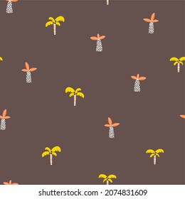 Tropical seamless minimalistic pattern with different plants. Cute cartoon characters on a brown background. Hand-drawn illustrations in Scandinavian style. Ideal for baby test, clothing, wallpaper