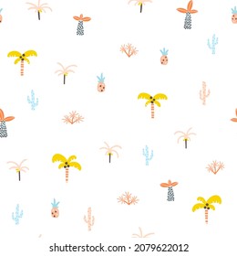Tropical seamless minimalistic pattern with different plants. Cute cartoon characters on a white background. Hand-drawn illustrations in Scandinavian style. Ideal for baby test, clothing, wallpaper