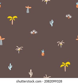 Tropical seamless minimalistic pattern with different plants. Cute cartoon characters on a brown background. Hand-drawn illustrations in Scandinavian style. Ideal for baby test, clothing, wallpaper