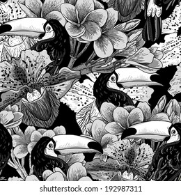 Tropical seamless monochrome background with exotic flowers and Toucan