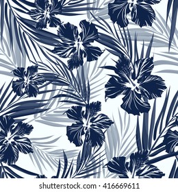 Tropical seamless monochrome blue indigo camouflage background with leaves and flowers