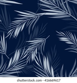 Tropical seamless monochrome blue indigo camouflage background with leaves and flowers