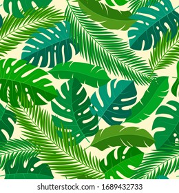 Tropical seamless natural pattern of exotic leaves. Vector floral background