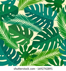 Tropical seamless natural pattern of exotic leaves. Vector floral background