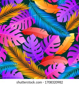 Tropical seamless natural pattern of exotic leaves. Vector floral background