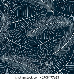 Tropical seamless natural pattern of exotic leaves. Vector floral background