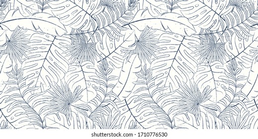 Tropical seamless natural pattern of exotic leaves. Vector floral background