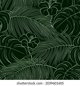 Tropical seamless natural pattern of exotic leaves. Vector floral background