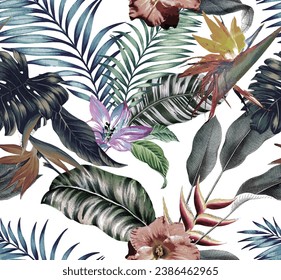 Tropical seamless palm tree leaves and flowers pattern on background, flowers and exotic palm leaves in seamless tropical pattern