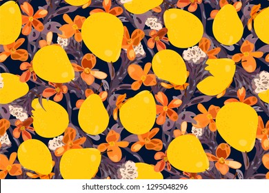 Tropical seamless pattern. Abstract Floral print with bright pears, branches and orange flowers on dark blue background. Wallpaper in juicy colors. Creative plant design.Vector hand-drawn illustration