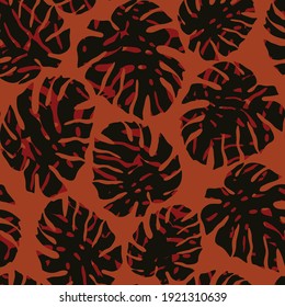 Tropical seamless pattern with abstract Leaf Monstera. Vector floral background in trendy minimalistic style. Modern design on warm hot colors for vacation and travel. Design for paper, cover, fabric