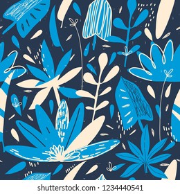 Tropical seamless pattern with abstract leaves and flowers. Fashionable template for design. Vector EPS10.