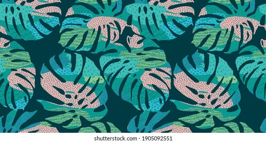 Patrón tropical sin costuras con hojas abstractas. Diseño moderno para papel, cubierta, tela, decoración interior y otros usos.