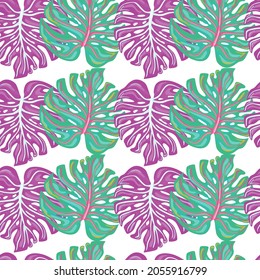 Tropical seamless pattern with abstract monstera leaves isolated on white background. Botanical foliage plants wallpaper. Exotic hawaiian backdrop. Design for fabric, textile print, wrapping, cover.