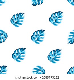 Patrón tropical sin costuras con plantas abstractas de monstera hojas sobre fondo blanco. Estilo hawaiano. Patrón sin foco con hoja monstera monocromática. monocromático azul elegante. Impresión de verano exótico