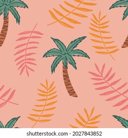 Tropical seamless pattern for apparel design, wallpaper, kids clothes. Palm trees with leaves background. Hawaiian seamless pattern.