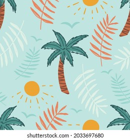 Patrón tropical sin fisuras para el diseño de ropa, papel pintado, ropa para niños. Palmeras con fondo de hojas. Patrón ininterrumpido de Hawaii.