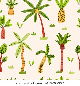Tropical seamless pattern for apparel design, wallpaper, kids clothes. Colorful background with palm trees. Hawaiian seamless pattern.
